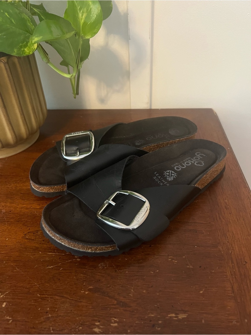 Yokono Spain Black Leather Big Buckle Slide Sandals Cork Footbed size 38